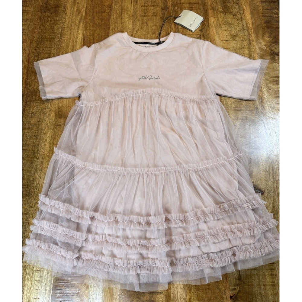 smALLSAINTS AllSaints Girls 9-10 Pink Frill Mesh T Shirt Dress NWT